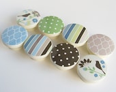 Bird Knobs-Green, Blue, Brown Polka Dot Stripe Drawer Knobs Wood Knobs- 1 1/2 Inches - Set of 8