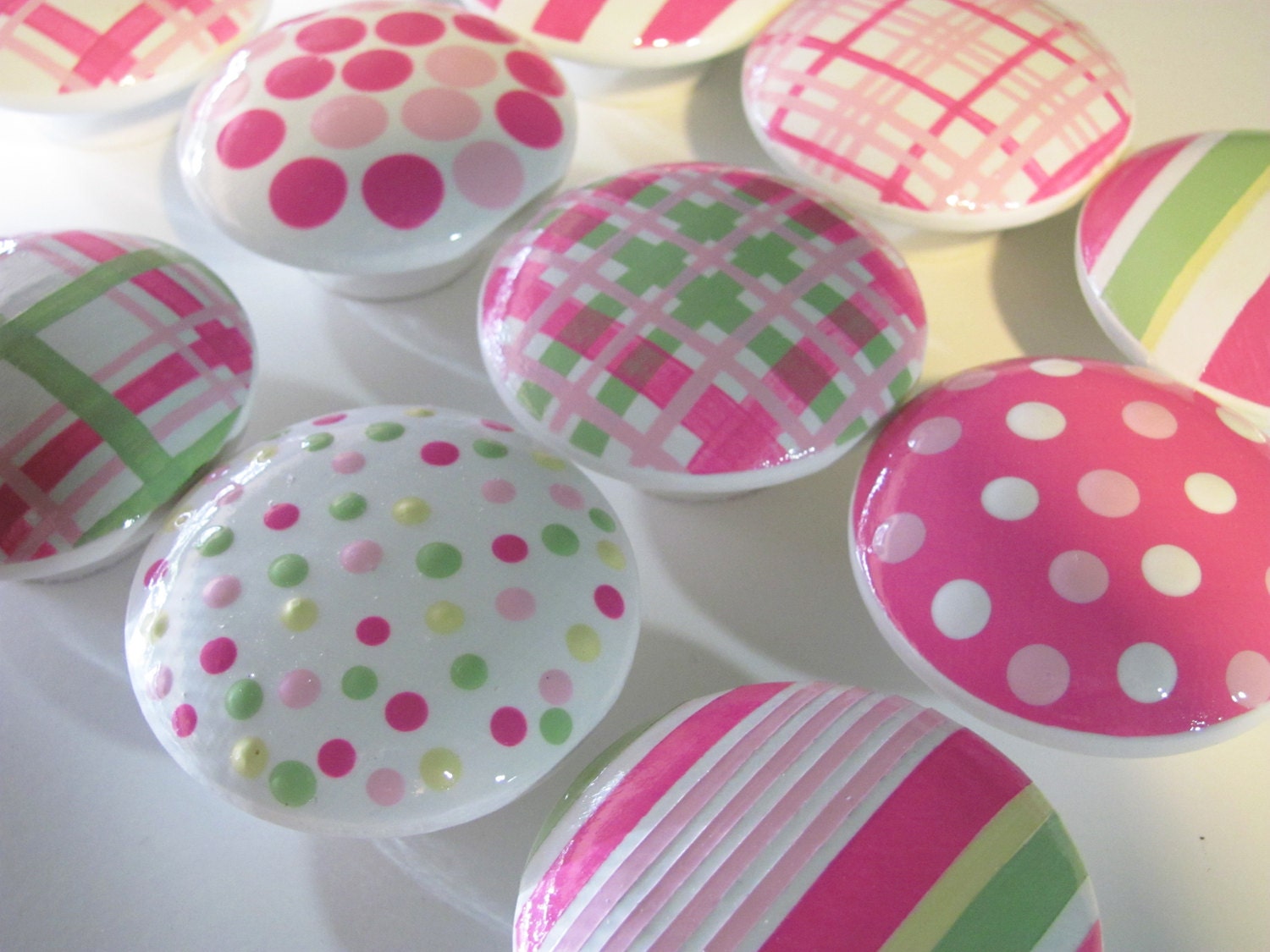 Kid Knobs- Children's Drawer Knobs- Hand Painted Wood Knobs - Stripes, Polka Dot and Plaid Knobs Pink and Green - Size 2 inches-SET OF 12