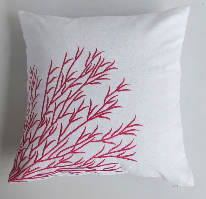 off white throw pillow with fuchsia pink coral branch embroidery 18 inch cushion cover IN STOCK
