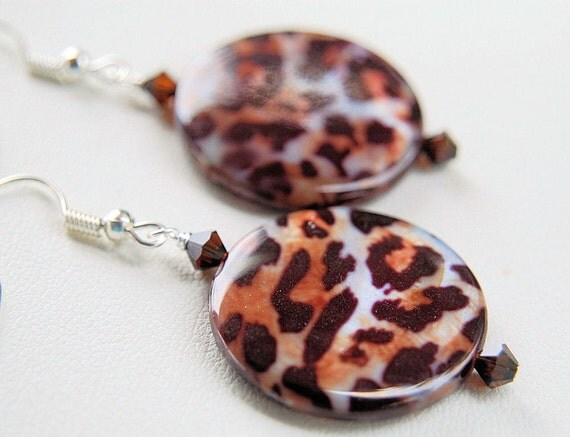 Leopard print mother of pearl brown white swarovski crystal silver earrings