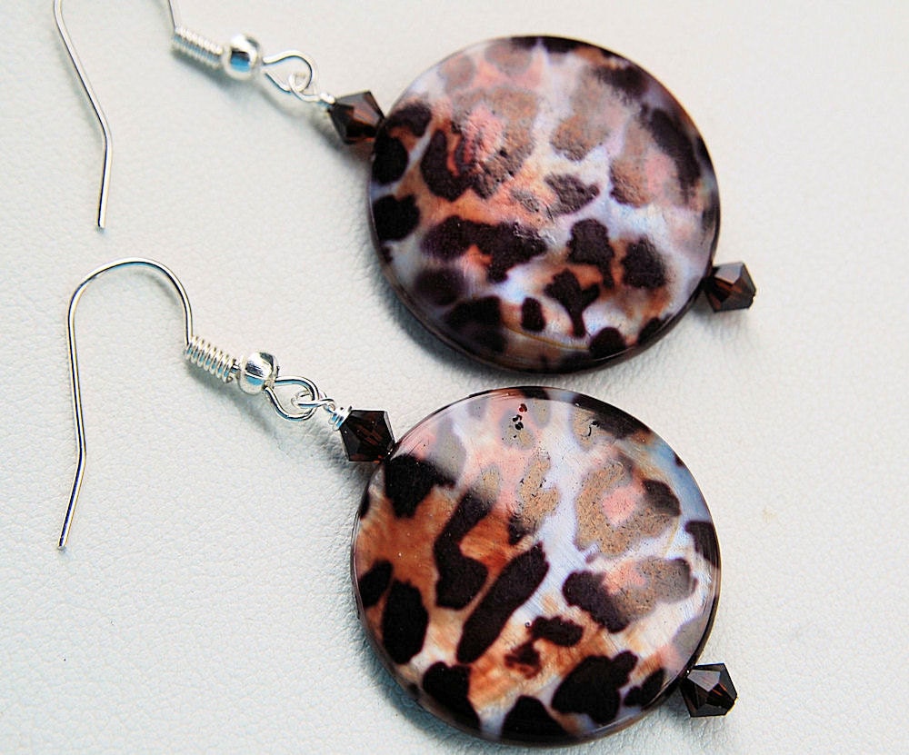 Leopard print mother of pearl brown white swarovski crystal silver earrings