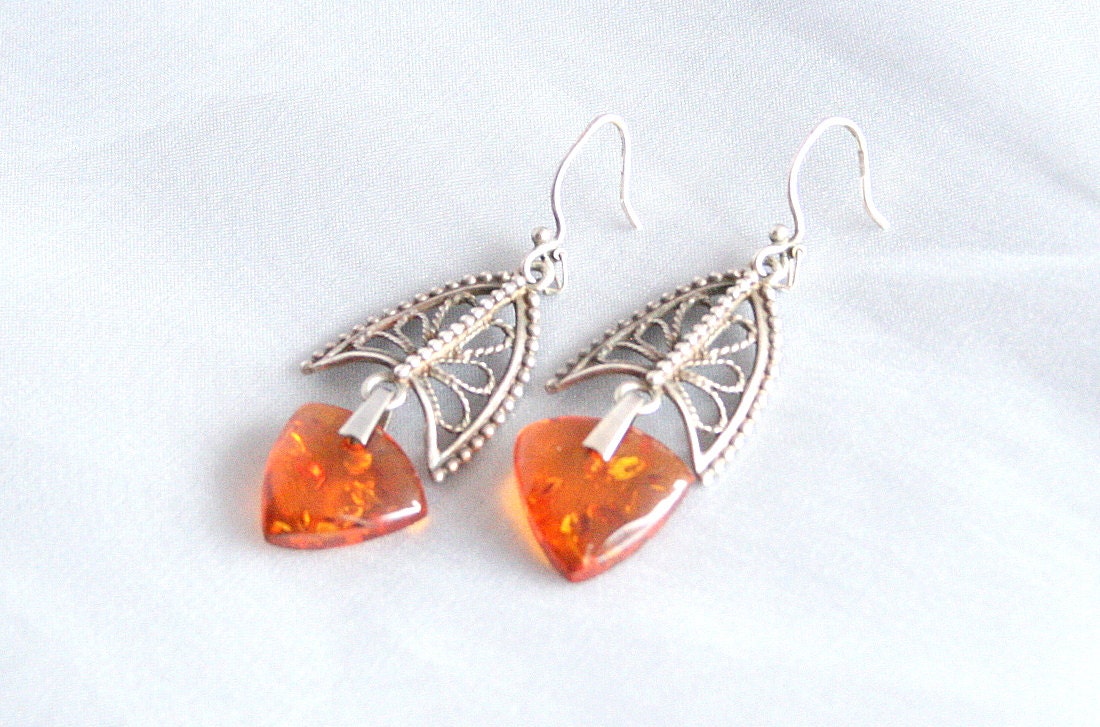 Vintage Genuine Amber Pierced  Earrings Sterling Filigree Dangle Drops