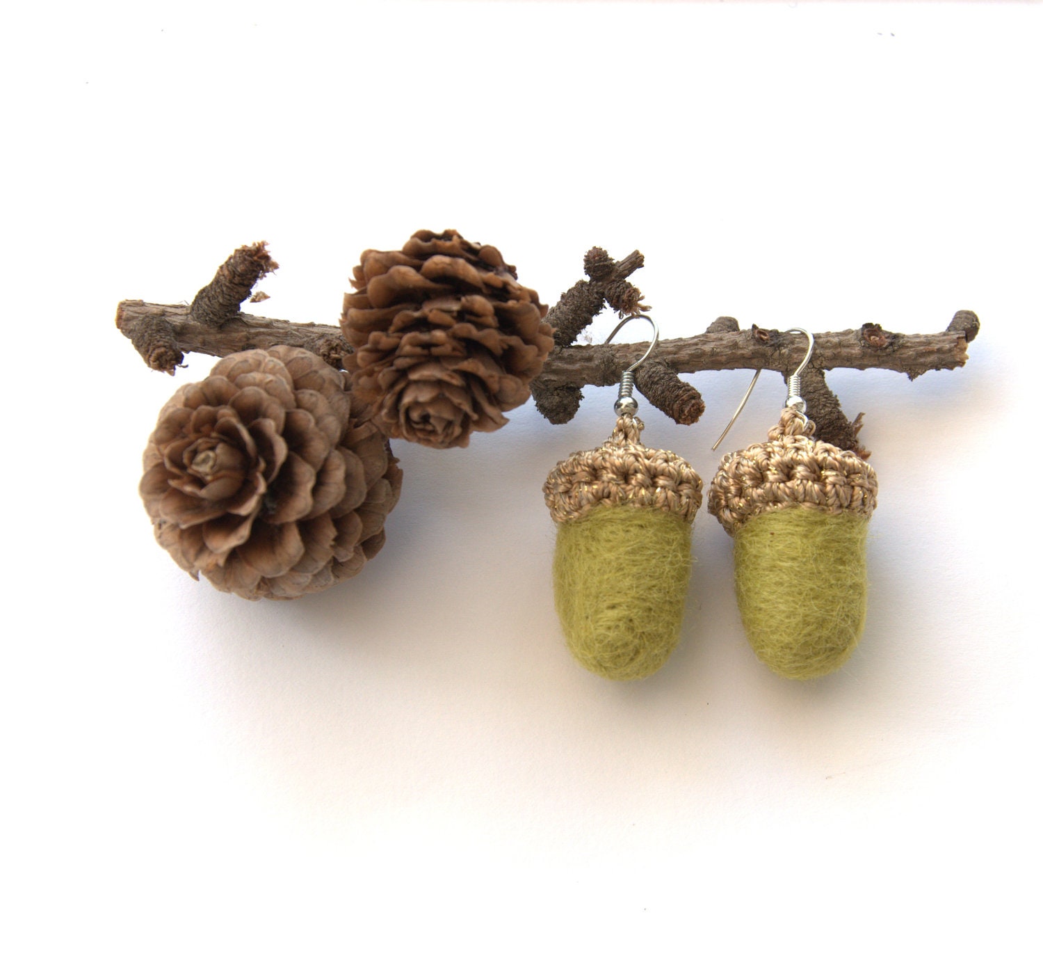 Felt acorn earrings Golden olive wool forest oak Birthday gift for her decoration astashtoys autumn fall spring enchanted forest woodland