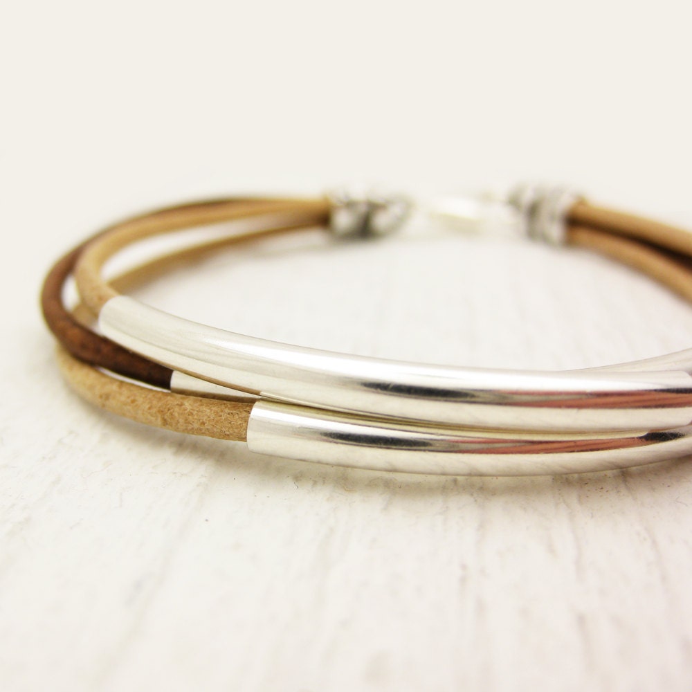 Natural Leather & Silver Bangle Bracelet / brown unisex silver comfort soft / geometric boho bohemian modern stacking bangle