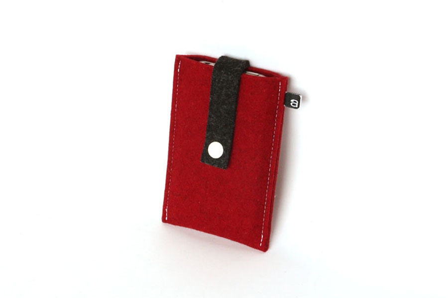 iPhone case: Red and charcoal wool felt with white snap closure - 3G / 3GS / 4 / 4S / 5