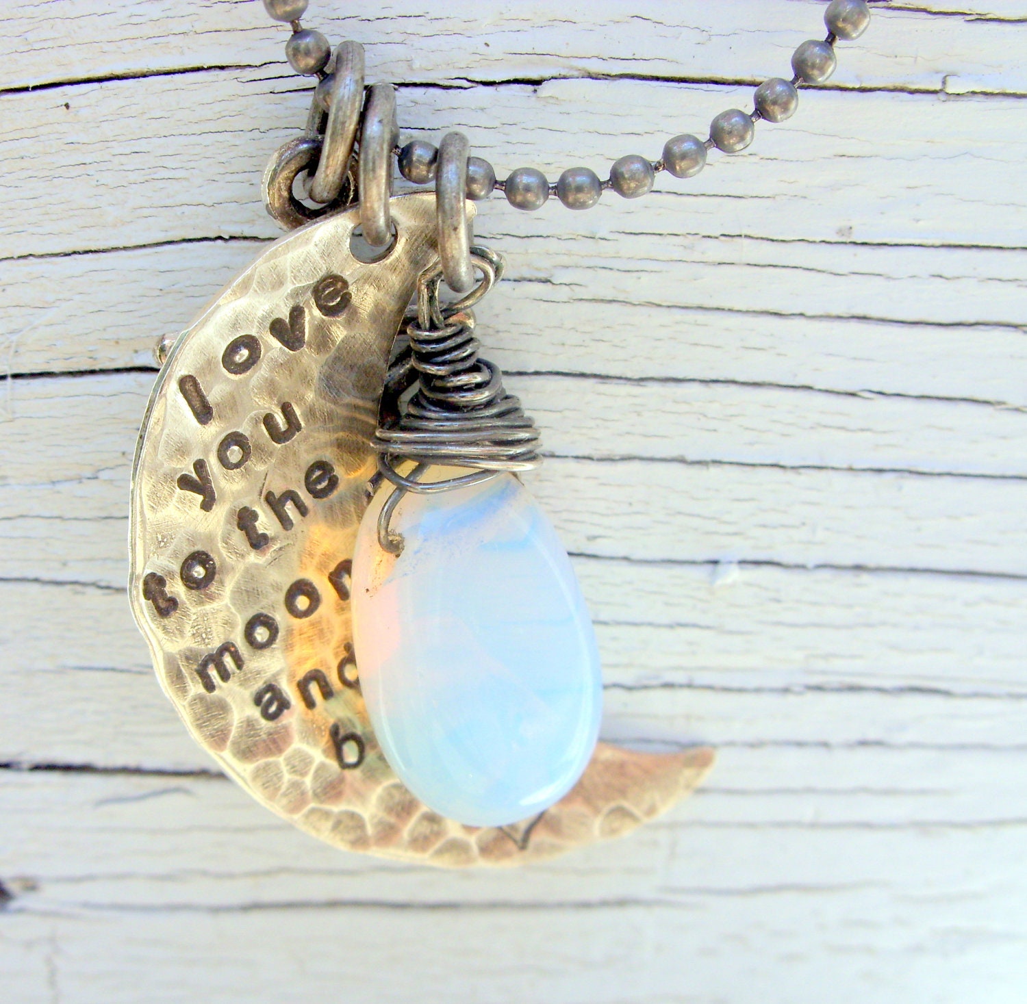 Hand stamped silver pendant- love you to the moon and back- sterling silver rustic pendant with star charm and rainbow moonstone drop