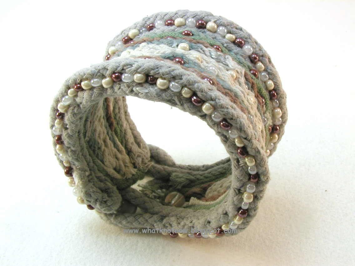 grey teal sage beaded fiber art statement cuff bracelet primitive style medium 2516