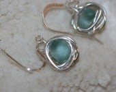 RARE aqua beach sea glass 925 sterling silver wire wrapped dangling earrings