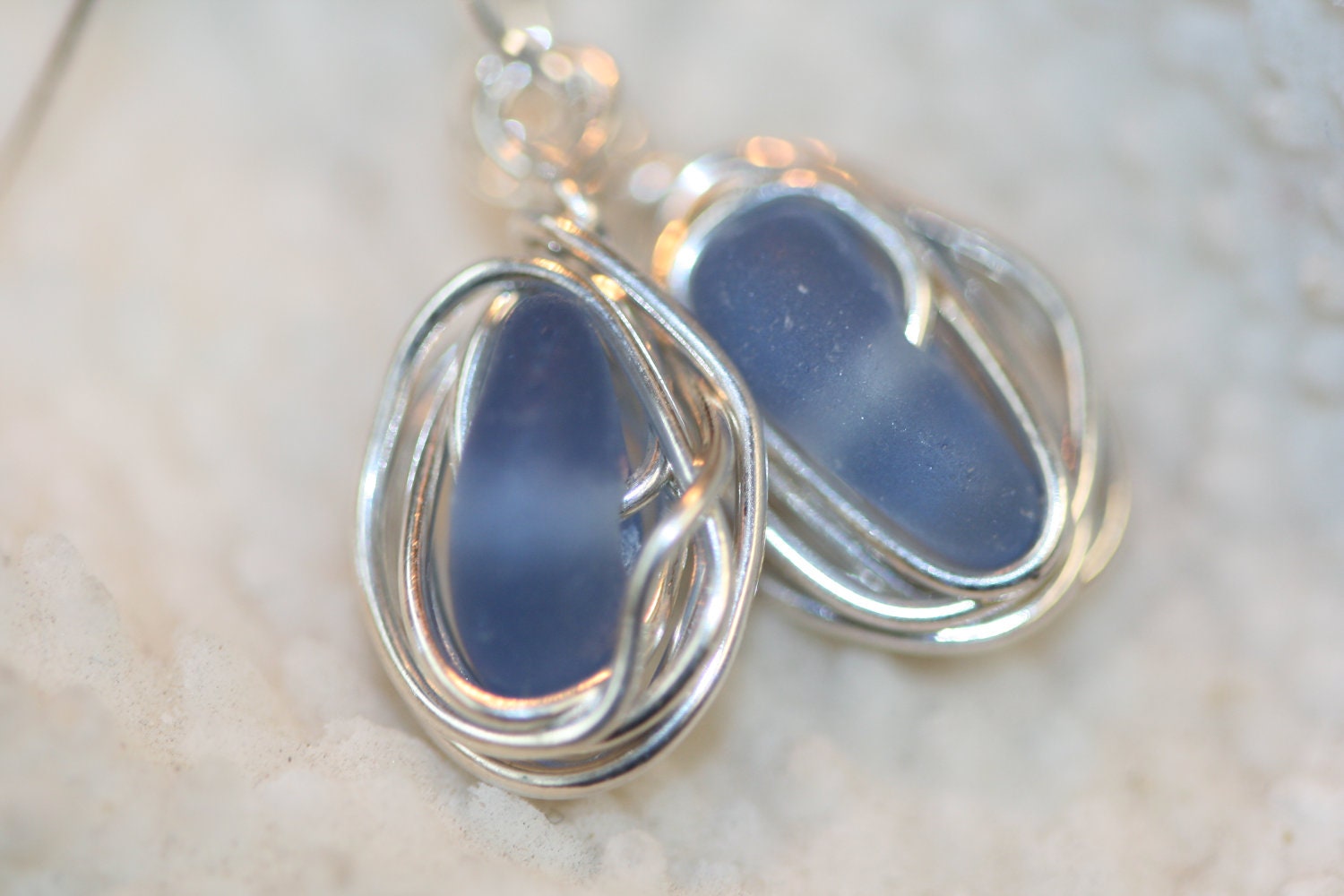 RARE cornflower blue beach sea glass 925 sterling silver wire wrapped dangling earrings