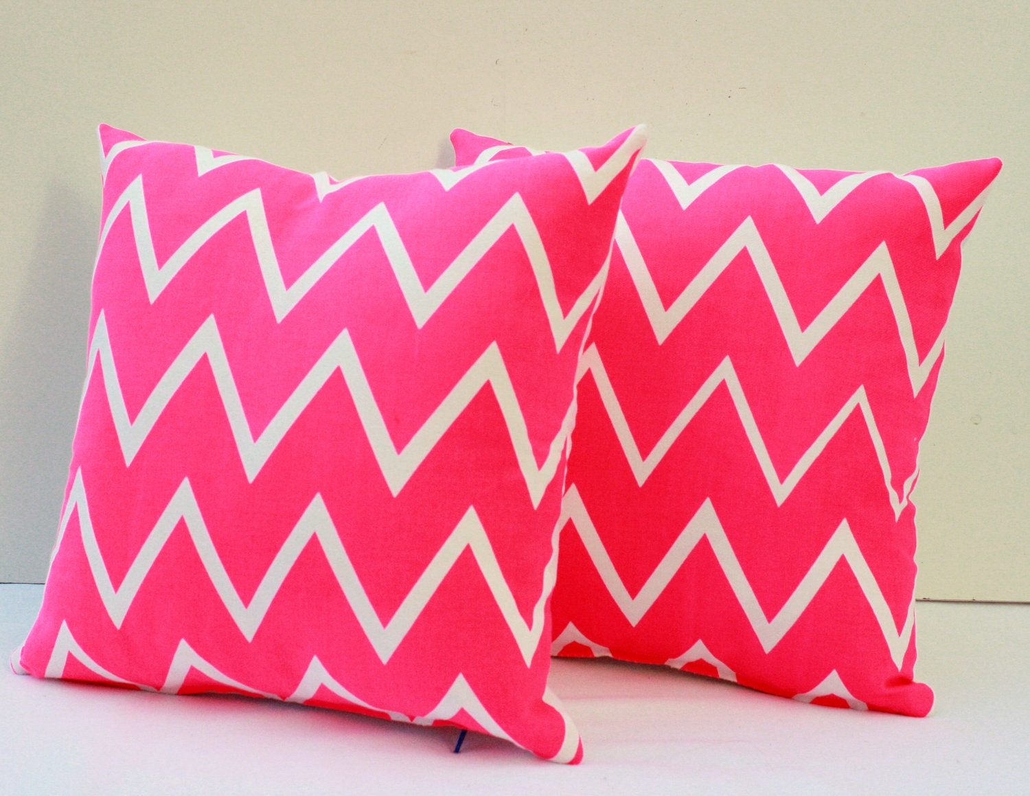 Truly Outrageous - As seen in Real Simple magazine, set of two, neon pink, organic chevron screen printed pillows 12x12