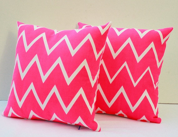 Truly Outrageous - As seen in Real Simple magazine, set of two, neon pink, organic chevron screen printed pillows 12x12