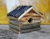 Hanging Birdhouse  with Roof of Reclaimed Nails  and Pine Stick Siding Log Cabin