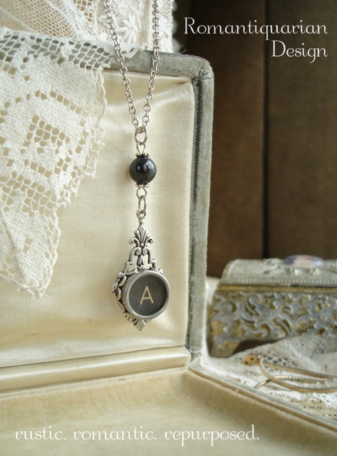 Initial Jewelry - Letter A Necklace. Vintage Typewriter Key Necklace. Antique Silver with Black Pearl. Upcycled Typewriter Key Jewelry