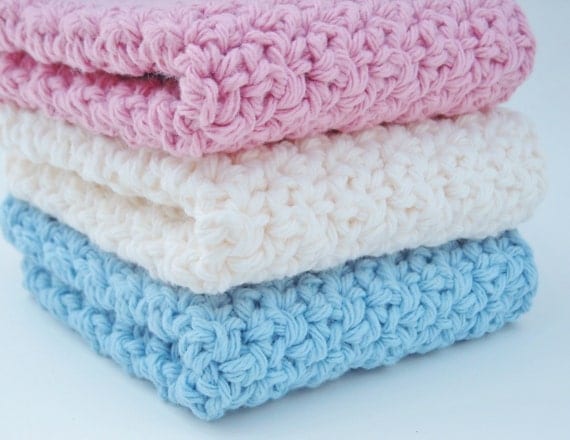 Crochet Washcloth Dishcloth Cotton Rose Pink, Blue, Cream Set of 3