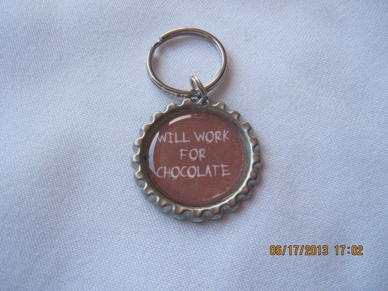 Will Work for Chocolate Silver Plated Bottle Cap Keychain