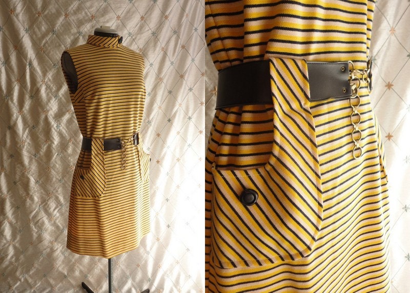 60s Dress // Vintage 1960s Yellow and Navy Blue Striped Knit Dress with Cute Belt Size L