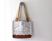 Waxed Canvas Tote Bag with Repurposed Lace - Rusty Brown