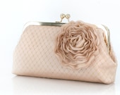 Champagne Bridal Bridesmaids Clutch with Organza Rose brooch 8-inch PASSION