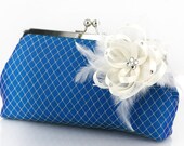Cobalt Clutch with Ivory Ribbon Flower Fascinator 8-inch PASSION