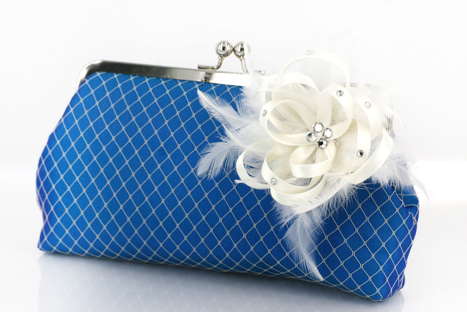 Cobalt Clutch with Ivory Ribbon Flower Fascinator 8-inch PASSION