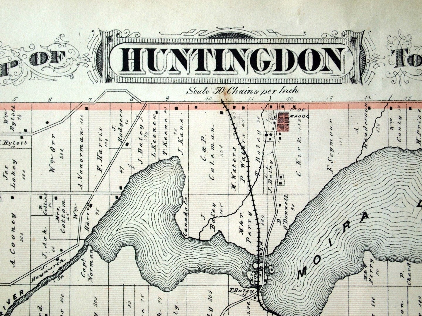 Large Antique Hand Coloured Map of Huntingdon Township, Ontario. From 1878 Atlas