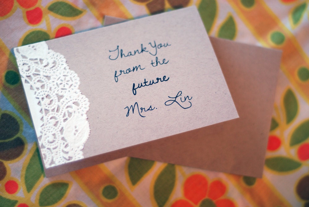 Personalized Note Cards - Custom Vintage Doily Thank You - Baby or Bridal Shower - From the Future - Soon to Be Mrs. - Rustic Wedding Gift