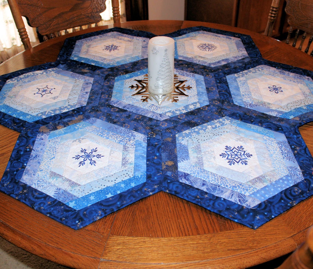 Blue Snowflake Table Topper Quilt Christmas Winter - Machine Embroidered