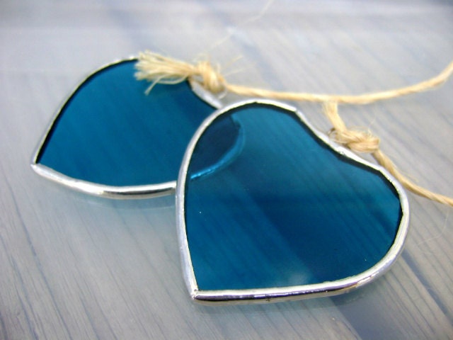 Hearts Stained Glass Twins Suncatchers ORANGE BLUE Easter Mothers Day Valentines Christmas Gifts Wedding Favors I Love You