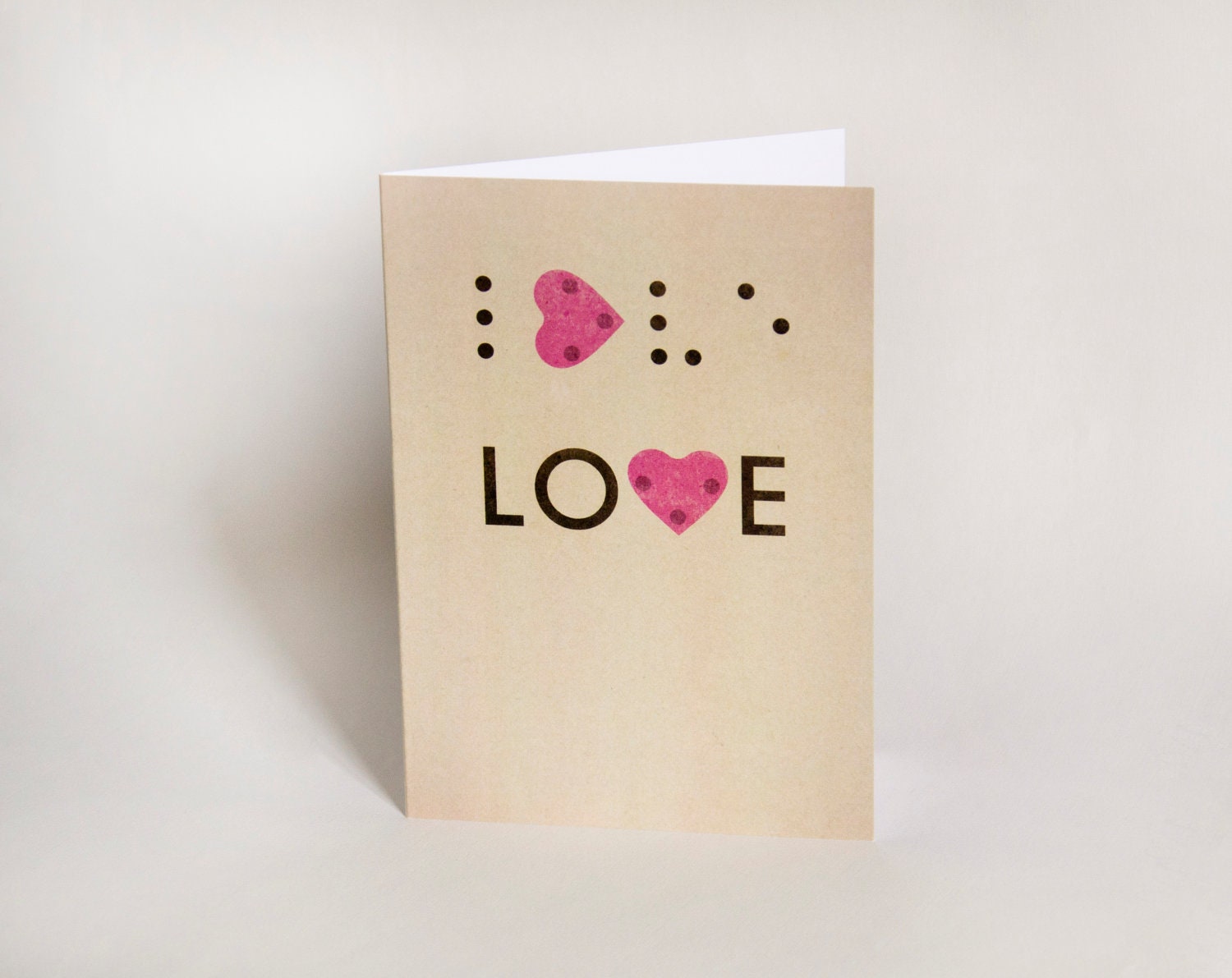 Love is blind Anniversary Card - Romantic braille love heart blind typography pink cream - Valentine Card