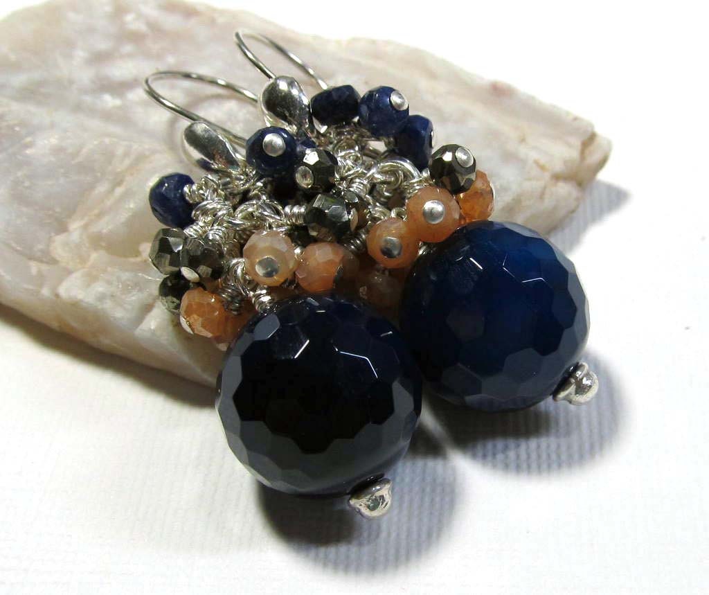 Sterling Silver Gemstone Dangle Cluster Earrings with Deep Blue Agate, Sapphire, Pyrite, and Peach Quartz