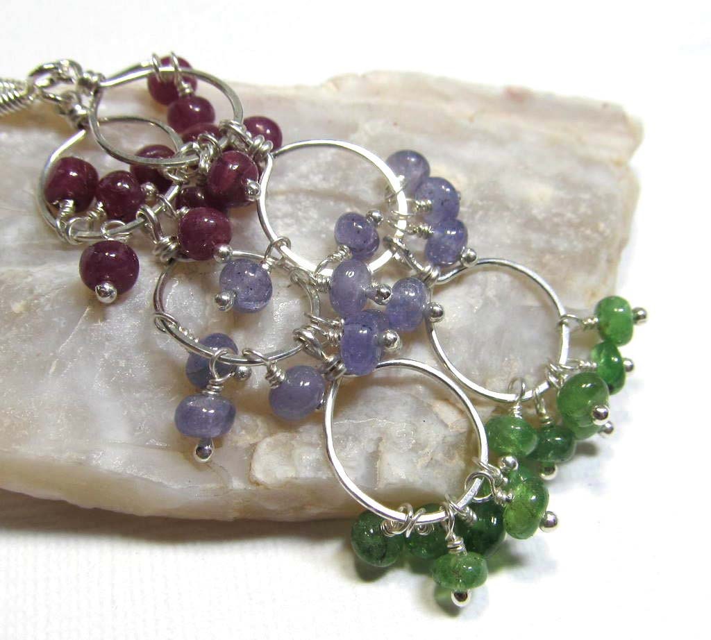 Sterling Silver Gemstone Dangle Cluster Earrings with Raspberry Red Ruby, Perriwinkle Blue Tanzanite, and Spring Green Emerald