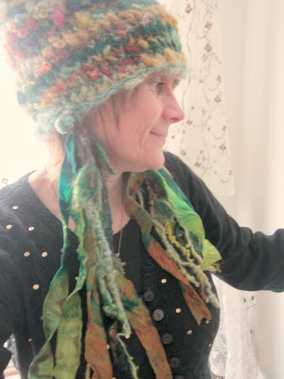 rustic curly soft and warm handknit hat - green lady