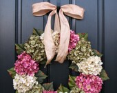 SPRING Hydrangea Wreaths, 22" Hydrangea Wreath with Champagne Bow, Green and Cream Hydrangea Wreath, Spring Decorations, Pink Hydrangeas