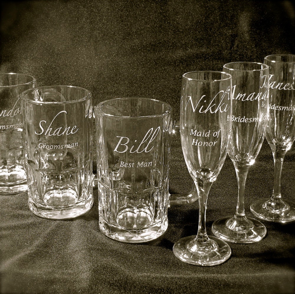 6 Personalized Wedding Party Gift Set Beer Mugs & Toasting Flutes