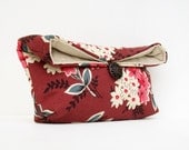 Makeup Bag, Bridesmaid Clutch, Ivory and Pink Floral on Red Clutch Purse, Great for Travel, Gift Under 25, Bridesmaid Gift