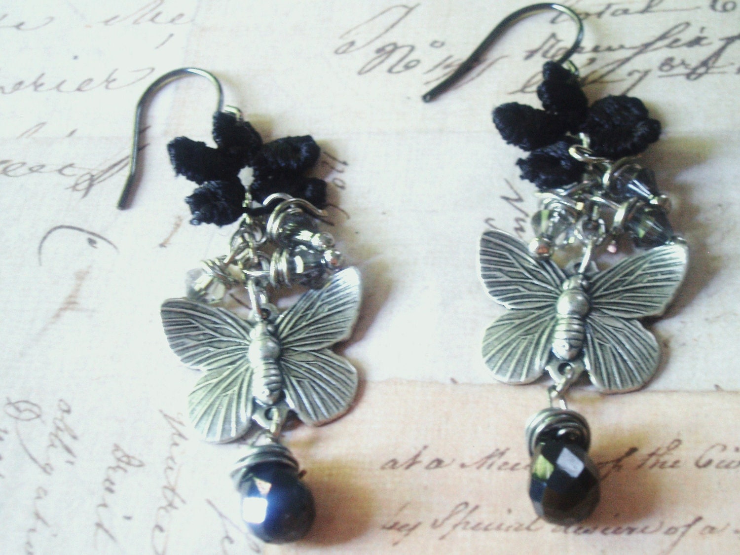 Black as Day -  Butterfly Earrings, Lace Earrings, Flower Earrings, Black Earrings