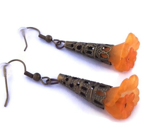 Mother's Day Sale, Orange Flower Earrings, Orange Lucite Ruffle Flower Earrings with Antique Bronze Findings - Perfect for Fall/Autumn