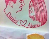 CUSTOM MADE wedding rubber stamp. hand carved stamp. engagement. anniversary. your faces&names. mounted. ship via registered airmail.