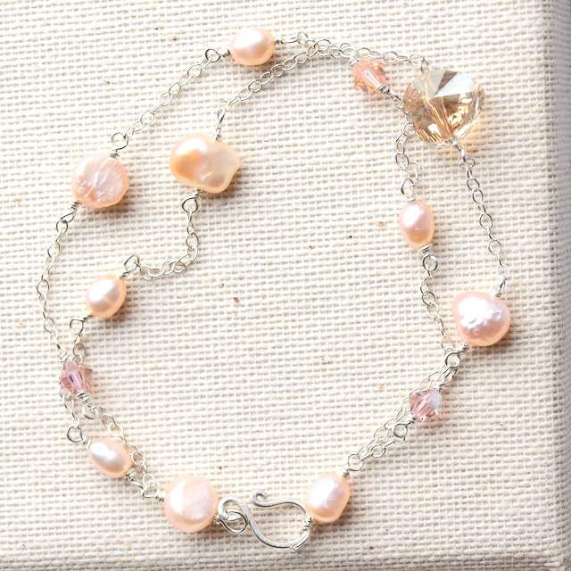 Pearl Bridal Jewelry, Pearl crystal bracelet, peach pearl bracelet