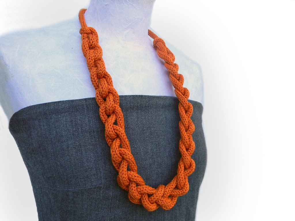 Long chain necklace knitted and knotted, fiber necklace, knitted jewelry. Tangerine or choose yor color