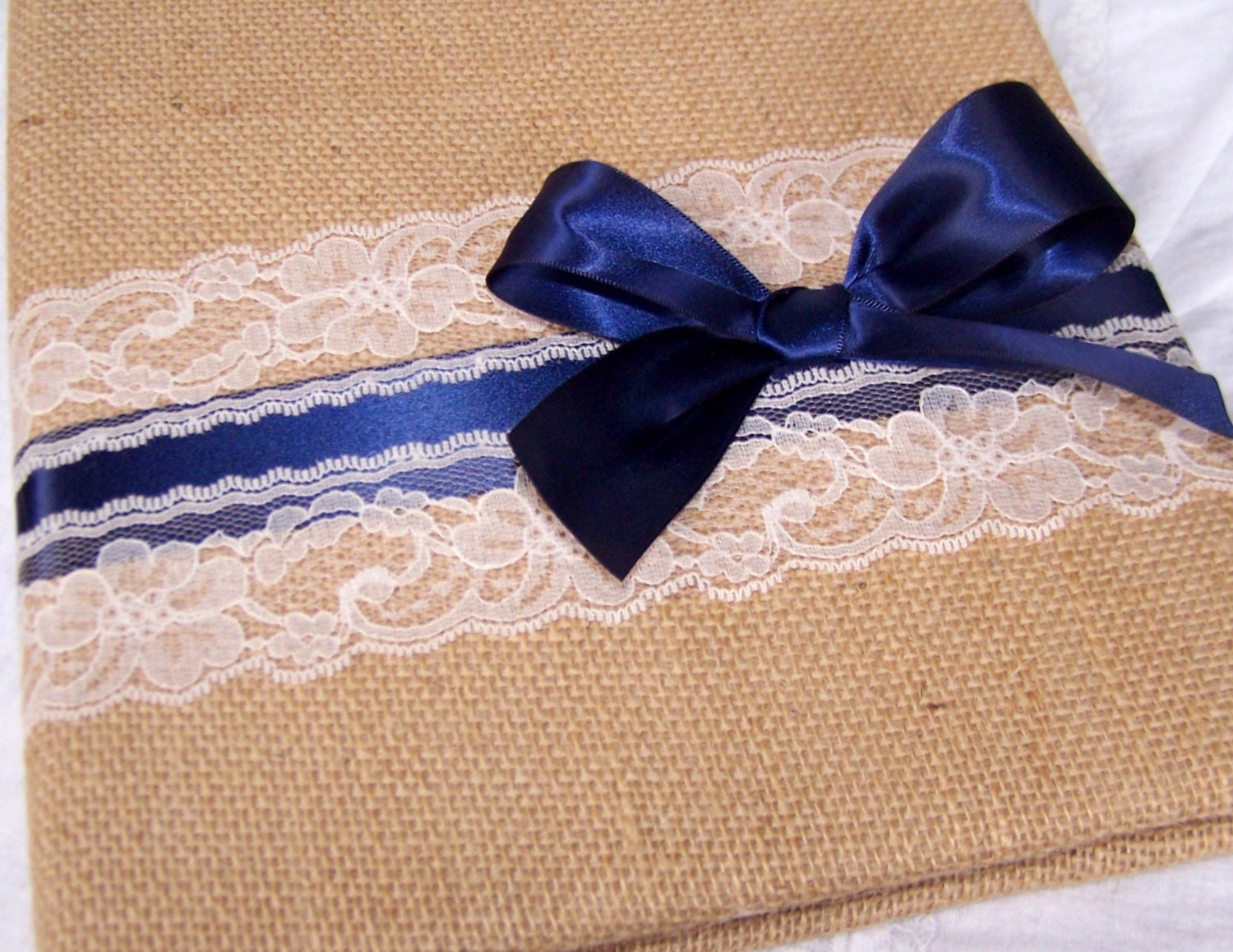 WEDDING GUEST BOOK - Burlap and Lace, Navy Blue and Ivory, Bow Style, Custom colors available