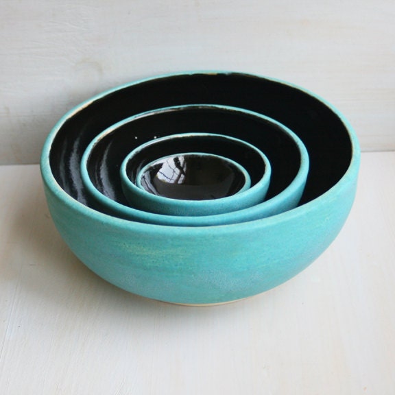 Rustic Set of Nesting Bowls - Turquoise and Black Set of Rustic Handmade Ceramic Pottery Bowls - Four Piece Set of Ceramic Stacking Bowls