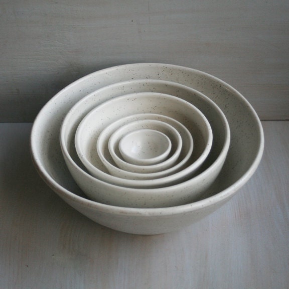 Nesting Bowls Large Set of Six White Speckled Ceramic Bowls Rustic Handmade Pottery Ready to Ship Made in USA
