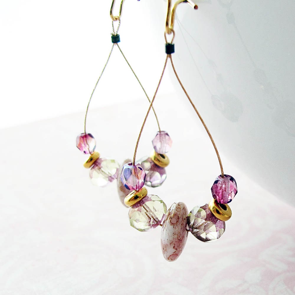 Rosey Pink Glass Beaded Teardrop Earrings Goldfilled Lightweight - jFrancesDesign