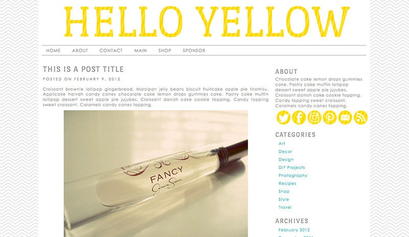 Self-Hosted Wordpress Premade Blog Theme: Hello Yellow stripe, social media icons, minimalist, gray, template, twitter, facebook