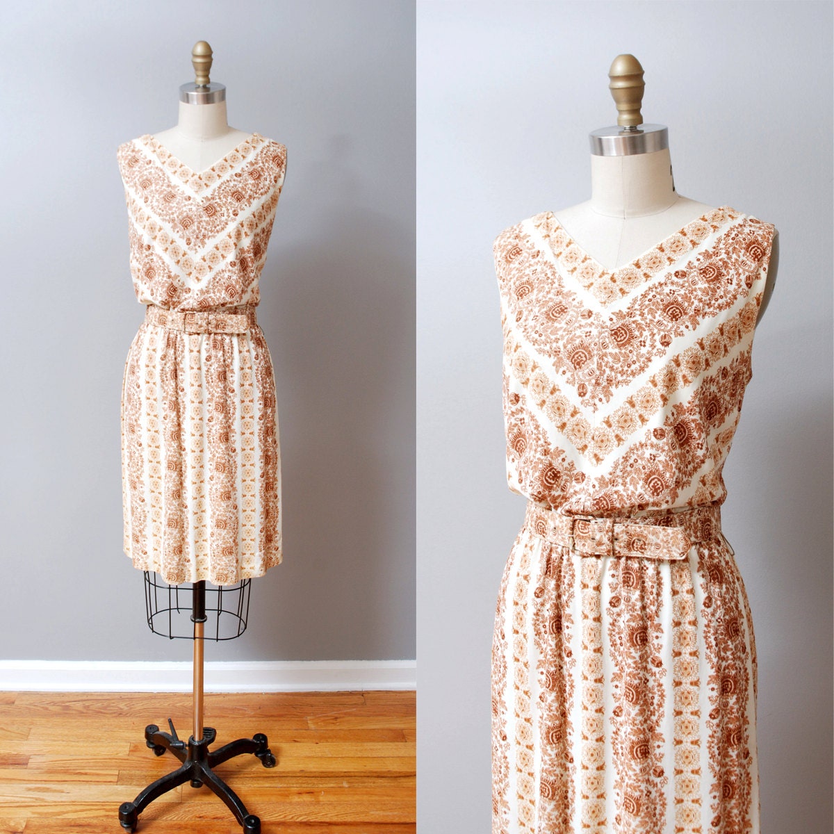 1960s Dress - Brown Floral Chevron Day Dress