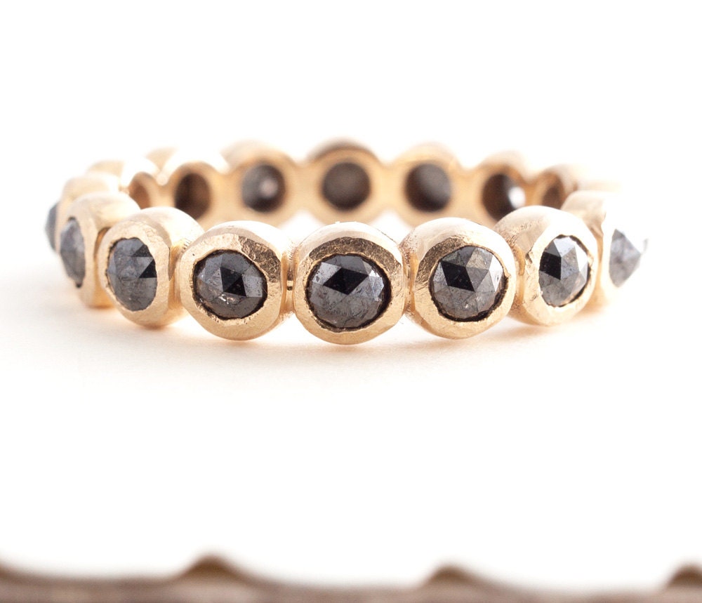 Bezel Set Eternity Band, Wedding Band, Black Rose Cut Diamonds Band,  14K Gold Wedding Band