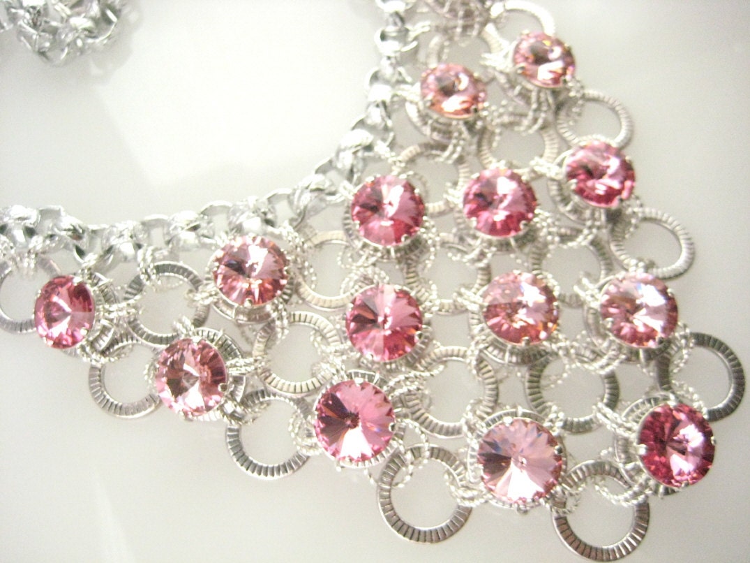 Swarovski Rose and Light Rose Pink Rivoli Rhinestone Chunky Bling Statement Bib Necklace Limited Edition  zoeJane