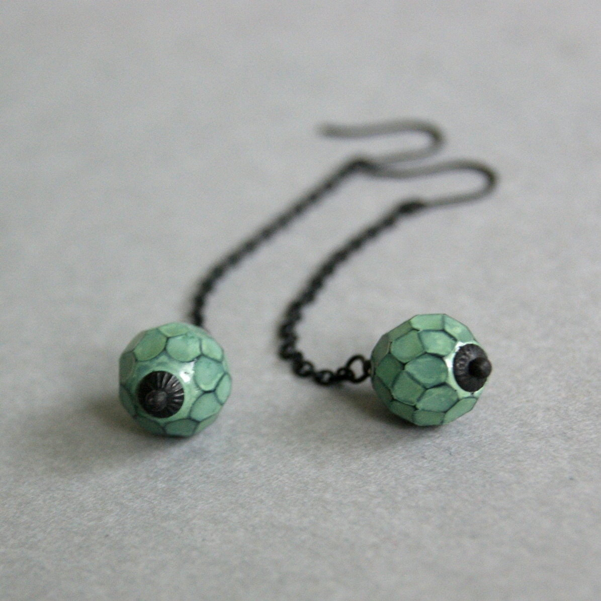 Long Turquoise Green Bead Earrings - Black, Glass, Czech