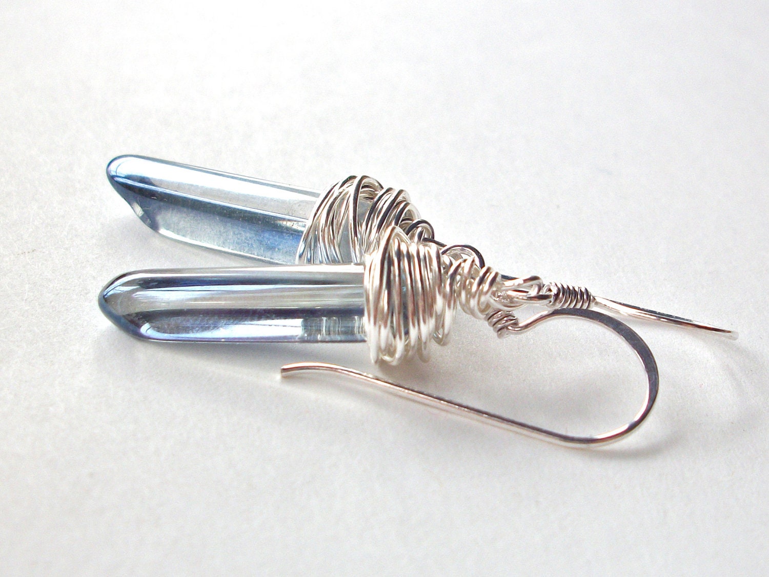 Blue titanium quartz earrings, wire wrapped trendy silver spike crystal gemstone earrings long drop .999 silver filled earhooks